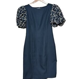 Jessica Howard Vintage 90s Black Gold Puff Sleeve Cocktail Evening Dress Women 4